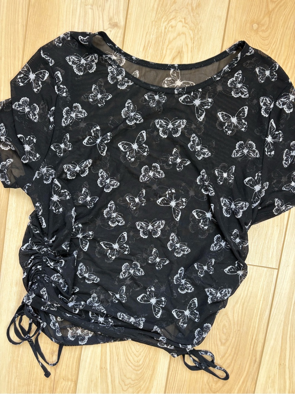 Whimsigoth Fairy Black Butterfly Mesh Crop Top with Rouched Sides M